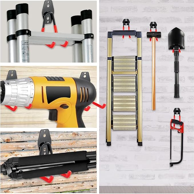 3-H Garage Wall Hooks Heavy Duty 8 Pack, Anti-Slip Steel Wall Mount Storage Hooks for Hanging Ladder Garden Yard Tools, Utility Organizer for Garage Lawn Shed(Red)