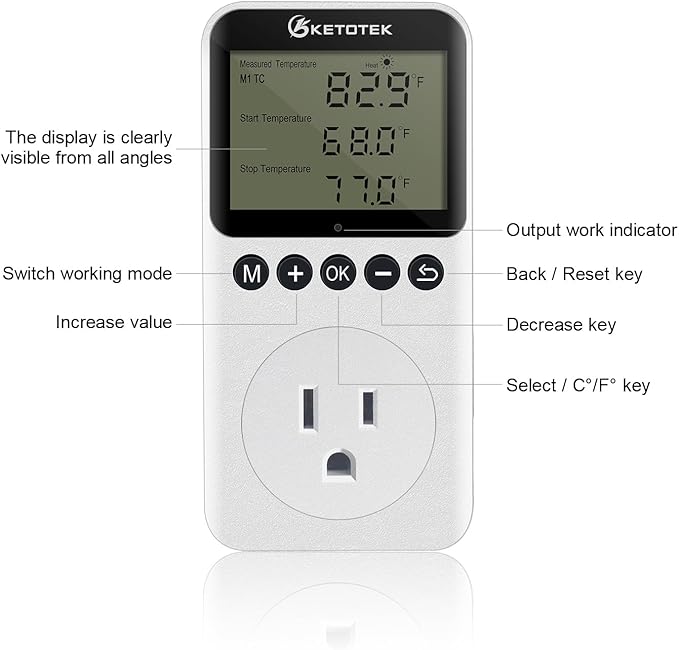 KETOTEK KT3200PRO Digital Temperature Controller Outlet Day Night Thermostat Plug Socket Heating Cooling Temp Controller with Sensor Timer Regulator for Reptile Greenhouse Brewing Refrigerator