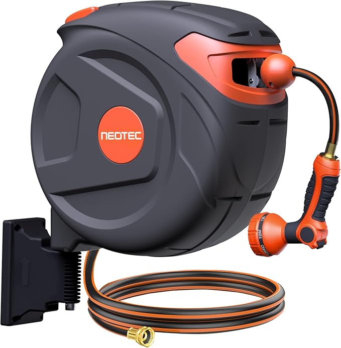 NEOTEC Retractable Garden Hose Reel 100 ft 1/2 Inch with 3-Layer PVC Hose Wall Mount Automatic Slow Return Any-Length Lock 180° Swivel Hose Reel for Large Yard