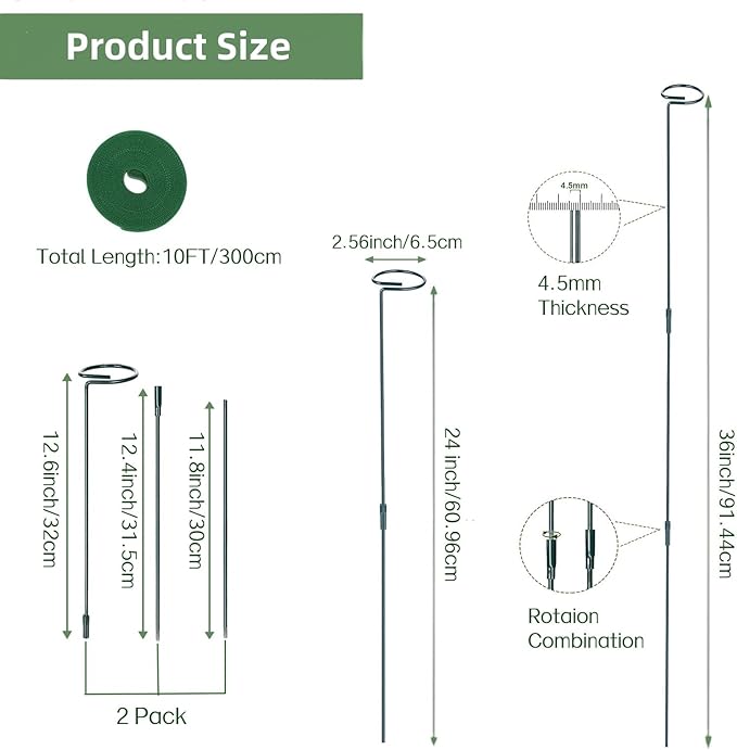 2 Pack Plant Support Sticks, 3 Sizes (12 or 24 or 36 inch) Garden Plant Stake, Plant Support Rings for Indoor Outdoor with Plants Ties, Plants Stakes for Flowers, Climbing Plants, Tomatoes