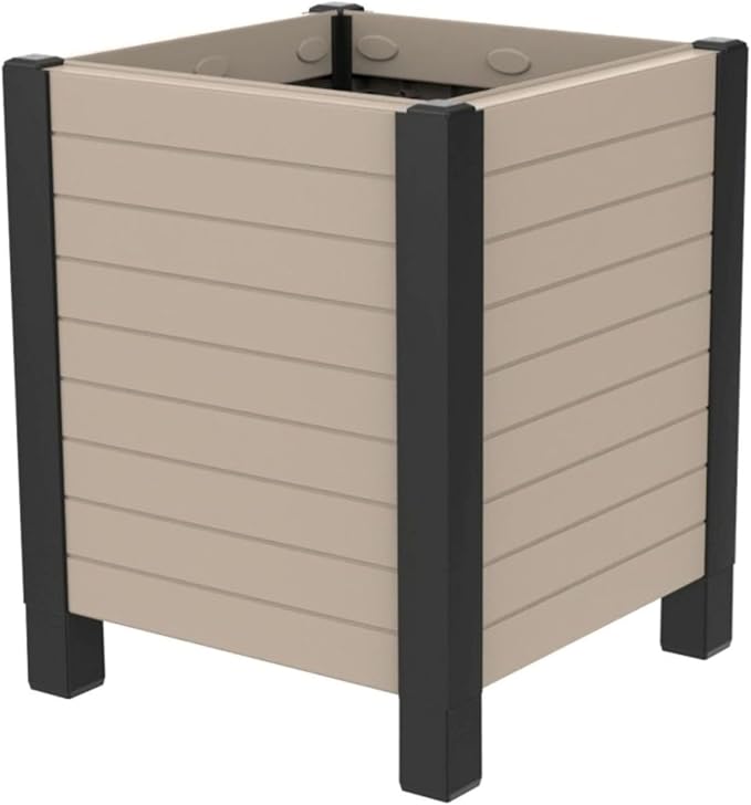 Tierra Verde 17-Inch x 17-Inch Flora Cube Planter Box with Tool-Free Connect System and Crafted from Recycled Materials, for Patios or Decks, Khaki