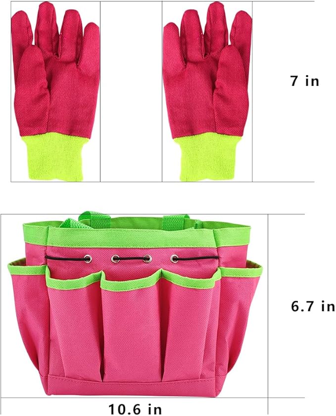 Kids Gardening Tools Kit Includes Sturdy Tote Bag, Watering Can, Gloves, Shovel, Rake, Fork - Children Garden Tool Set -Boy Girls Birthday Gifts (Pink)