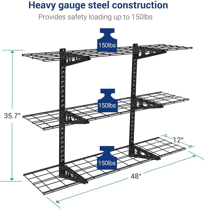 FLEXIMOUNTS 2 Pack 3 Tier 1x4ft Garage Storage Wall Shelving, 900lbs Total Weight Capacity 12x48inch per Shelf Height Adjustable Floating Shelves, Black
