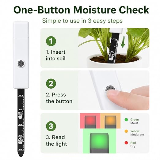 Soil Moisture Meter for Indoor Plants, Plant Moisture Meter with 3-Color Light Indicator, Soil Tester Probe for Houseplants, Succulents, Garden, Outdoor Potted Plants, One-Button Soil Moisture Sensor