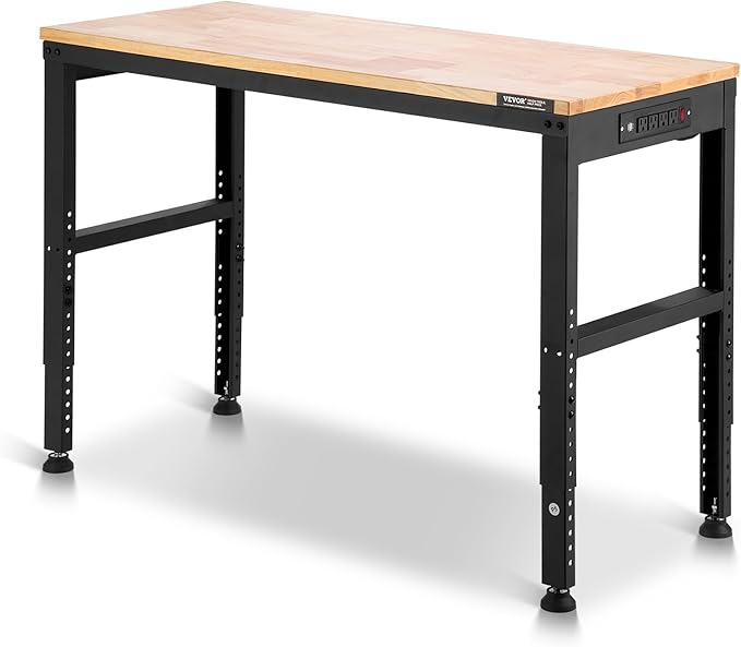 VEVOR Adjustable Workbench, 48 x 20-inch Heavy Duty Work Bench with 28.5-38.3 Inches Height Adjustment, 2000 lbs Capacity Garage Workbench with Power Outlets, Suitable for Office, Garage, Workshop