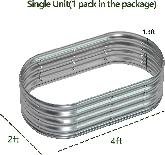 zizin 1 Pack Galvanized Raised Garden Bed Metal Oval Raised Garden Beds Outdoor Planter Box for Vegetables (4x2x1.3FT, Silver)