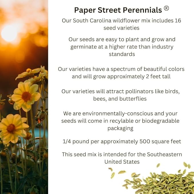 South Carolina Bulk Perennial Wildflower Seed Mix 1lb Covers 2,000sq-ft - Attract Pollinators, Multi-Color Blooms - Southeast US Species Plant in Spring/Fall, Earth-Friendly Packaging (1 Pound)