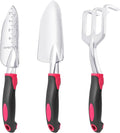 Garden Tools Set, 3 Pack Heavy Duty Gardening Tools Set Include Garden Shovel, Transplant Trowel and Hand Rake with Ergonomic Handle, Aluminum Alloy Lawn for Planting Tools, Red