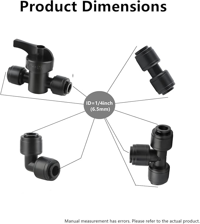 44 Pcs Quick Connect Drip Irrigation Fittings Kit for 1/4" Tubing with 4 Shut Off Valve ，10 Tees, 10 Couplings, 10 Elbows & 10 End Plugs, Anti-Leak Drip Irrigation Parts