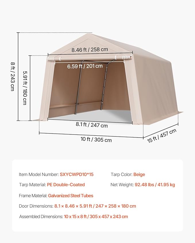 VEVOR 10x15 ft Instant Garage Portable Carport Car Canopy, Outdoor Portable Storage Shed with Roll-up Zipper Door and Ventilated Windows for Cars, Garden Tools