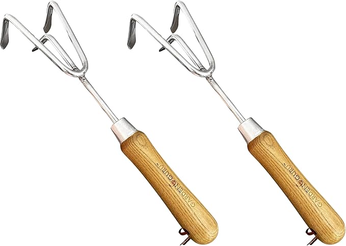 Garden Guru Eco Hand Cultivator Rake Tiller Tool- 100% Recycled Stainless Steel - Rust Resistant - FSC Certified Wood Ergonomic Handle - Great for Gardening Cultivating Loosening Weeding (2 Pack)