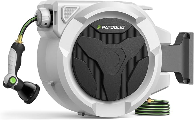 Retractable Hose Reel 100ft 1/2 in, Wall Mounted Garden Hose Reel Heavy Duty with 10 Spray Nozzle, Auto Rewind, 180° Swivel Bracket, UV Resistant