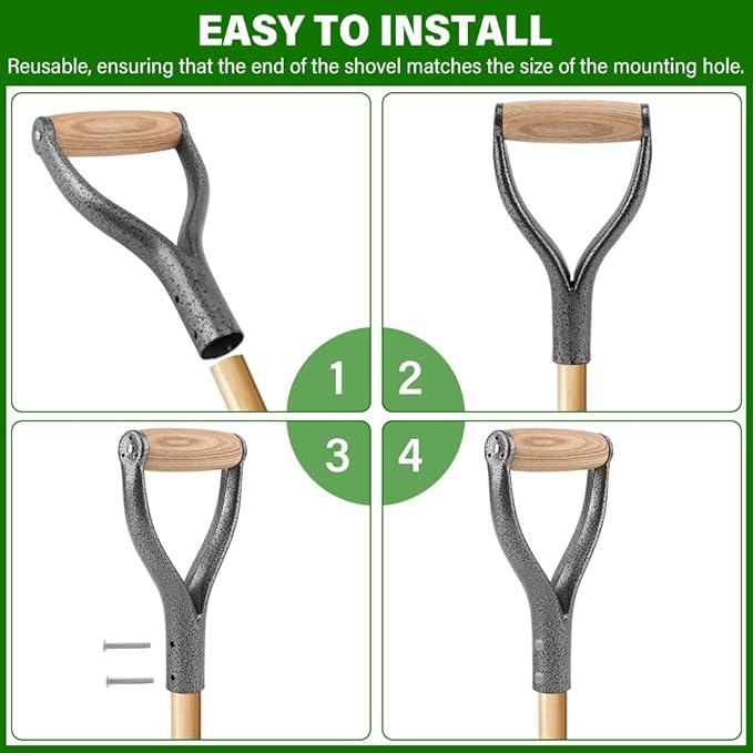 Shovel D Grip Handle, 32mm Inner Diameter Metal Shovel Replacement Handle with Wooden Grip Spade Snow Scoop Digging Raking Tools with 4 Rivets for Digging Raking