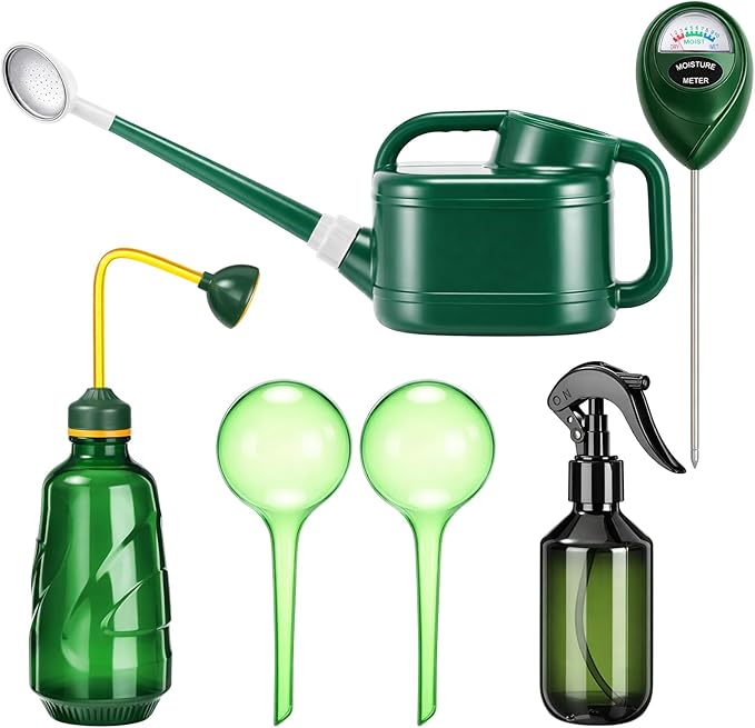 Reallnaive 6 Pcs Indoor Watering Can Set 1/2 Gallon Can 6.8 oz Spray Bottle 17 oz Squeeze Bottle Plant Watering Globes Soil Moisture Meter Small Spraying Set for Indoor Outdoor(Army Green)