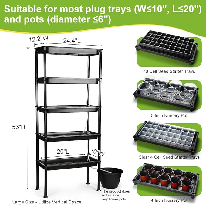 5-Tier Seed Starter Tray, Plant Stand with Grow Lights & Pump - Hydroponics Growing System, Ebb and Flow Seedbeds, Siphoning Watering, Designed for Nursery Cell Trays, Plant Pots