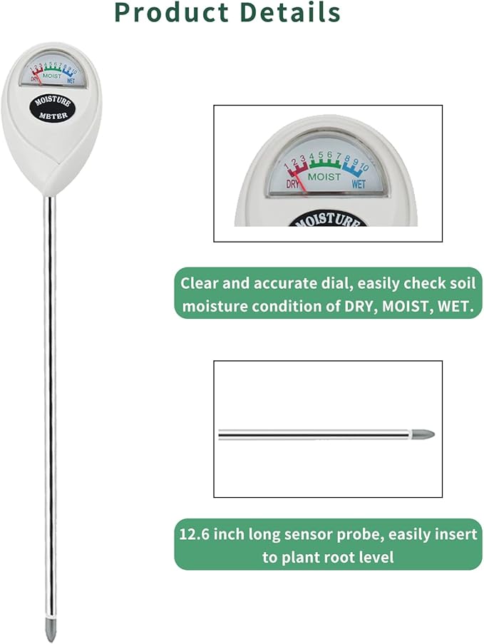 Soil Moisture Meter, Long Probe Soil Moisture Monitor for House Plants, Soil Hygrometer Moisture Sensor for Indoor & Outdoor, Garden, Farm, Lawn Plant Care, No Battery Needed(White)