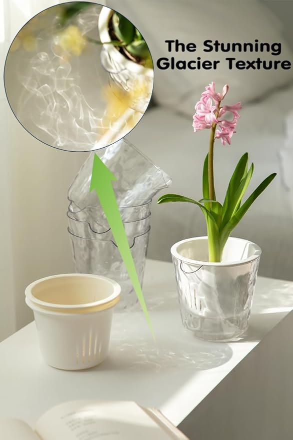 4 Inch Glacier-Textured Self Watering Garden Pots,4 Pack Clear Plastic Planters with Water Filling Spout,Flowerpot with Inner Pot for Indoor Plants,African Violets,Herbs,Succulents(Cream white)