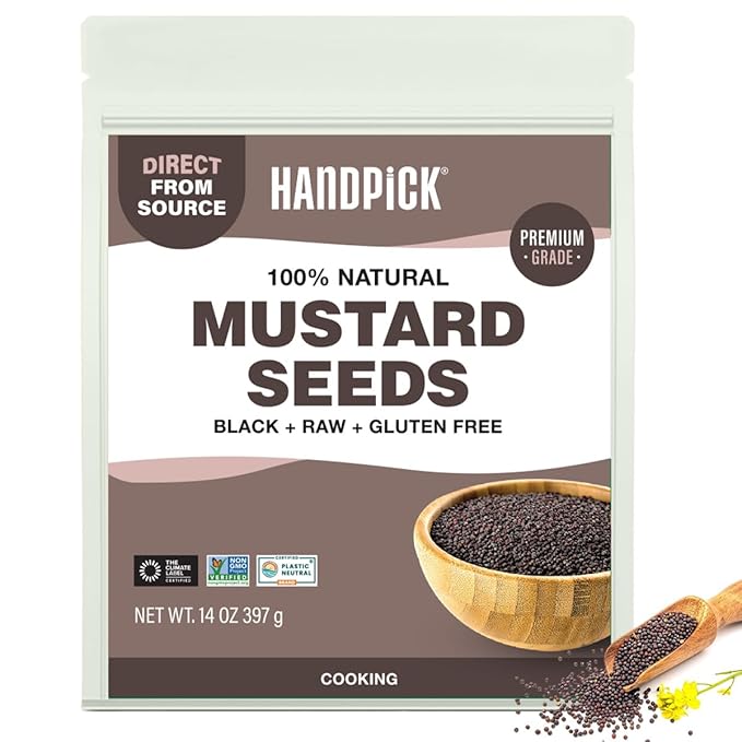HANDPICK Culinary Black Mustard Seeds (397g/14oz), Gluten free, 100% Raw, Sourced from India, Packed in Resealable Zip Lock Pouch | All Natural - Easy to Use