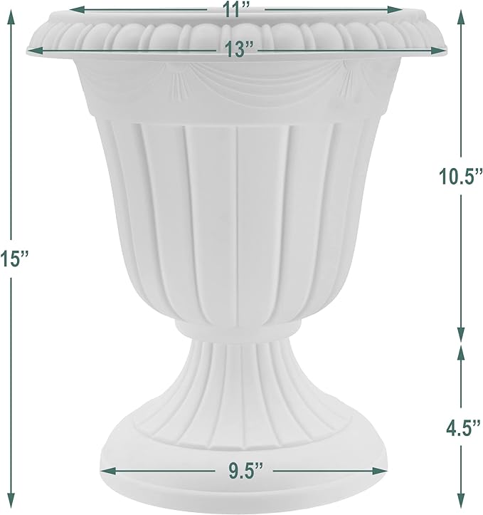 Arcadia Garden Products PL10BK Classic Traditional Plastic Urn Planter Indoor/Outdoor, 15" x 13", Black