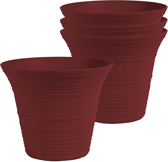 The HC Companies 9 Inch Sedona Round Self Watering Planter Pots, Lightweight UV-Resistant Plastic Indoor & Outdoor Planters, 4-Pack Flower Pots for Garden & Home Decor, Wild Red