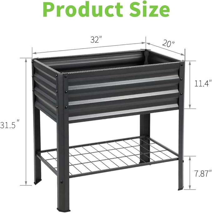 Raised Garden Bed with Legs and Shelf, 2pcs 31.8x20x31.5inches Elevated Metal Planter with Legs for Outdoor Vegetables and Herbs, Standing Raised Beds for Balcony, Patio, Lawn and Backyard