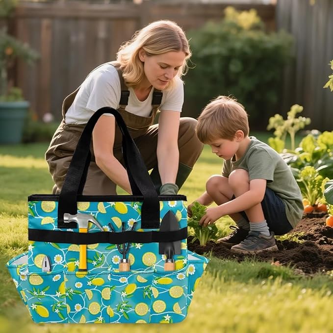 Lemon Daisy Garden Tool Bag Portable Gardening Tool Organizer Bag with 10 Pockets and Handle Tool Carrier and Storage for Garden Lawn Yard Casual Camp