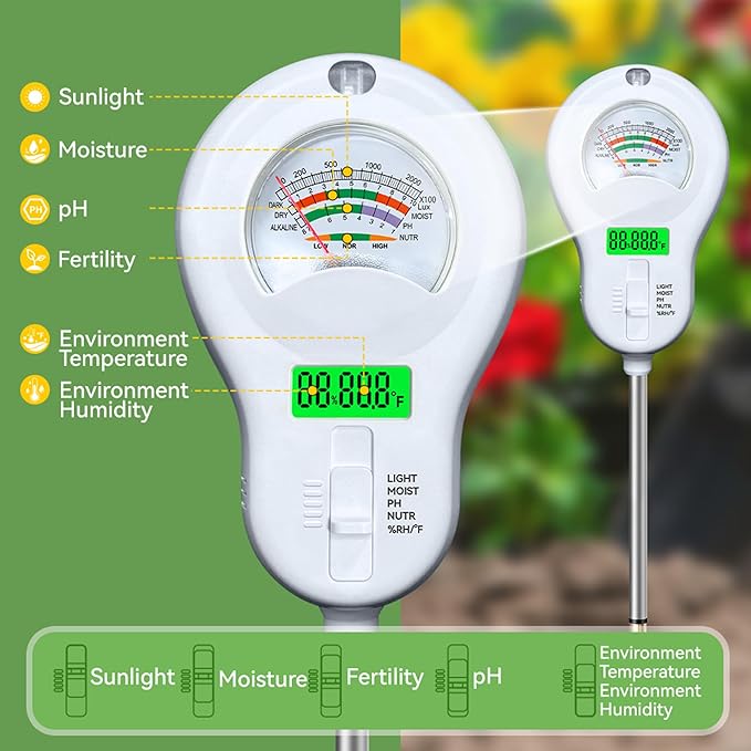 6-in-One Soil Test Kit-Soil Moisture Meter/PH Meter/Fertility/Sunlight Intensity Soil Tester, Dual Screen Meter Display & Rotatable Head for Indoor&Outdoor Plants, Lawn&Farm