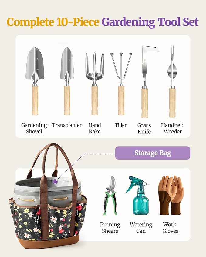 10 Pcs Heavy Duty Stainless Steel Garden Tool Set with Ash Wood Handle, Rust-Proof Gardening Gifts for Women & Men, Includes Pruner, Weeder & Multi-Pocket Storage Tote Bag (Brown)