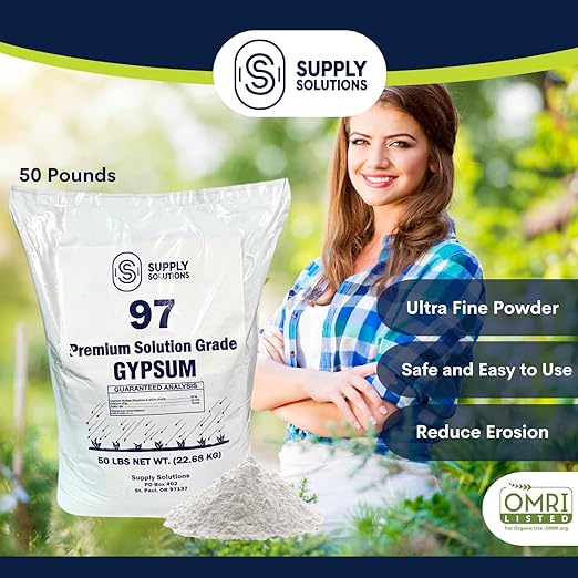 Supply Solutions Premium 97 Solution Grade Gypsum - Fast Acting Gypsum for Soil - Organic Calcium Sulfate Dihydrate - Gypsum Powder for Root Growth, Lawns, Mushroom Cultivation (50lbs)
