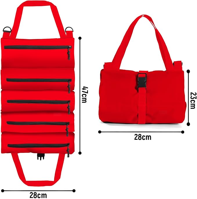Roll-Up Tool Storage Bag, Nylon Gardening Organizer with 5 Pockets, 11x18 Inch, Portable Hanging Design for Outdoor Maintenance, School, Work (54hong)