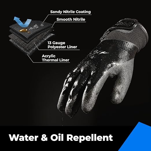 Waterproof Gloves for Men and Women, Freezer Gloves with Grip, Double Nitrile Dipped for Extreme Oil Repellent, for Construction, Mechanics, Mining, Plumbing, Black, Medium