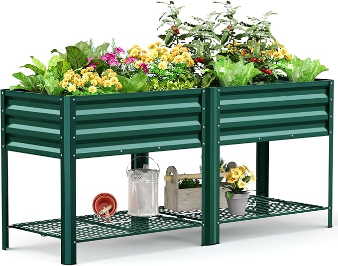 KING BIRD Large Raised Garden Bed with Legs & Storage Shelf Galvanized Elevated Planter Box for Backyard, Patio, Balcony, 600lb Capacity, Green 70.9x22.8x31.5 in