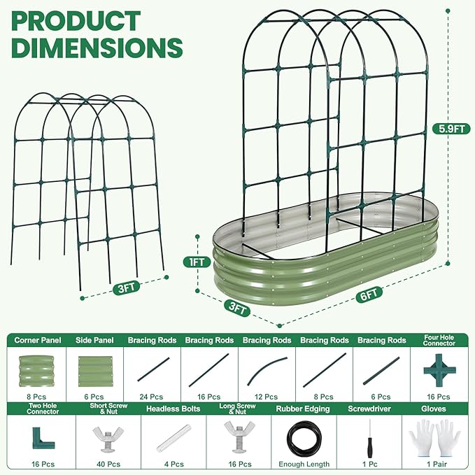 Galvanized Raised Garden Bed with Arched Trellis | 6x3x1FT Metal Raised Garden Beds Outdoor for Gardening Climbing Plant | Planter Box Outdoor with Gloves for Vegetable Flower, OliveGreen