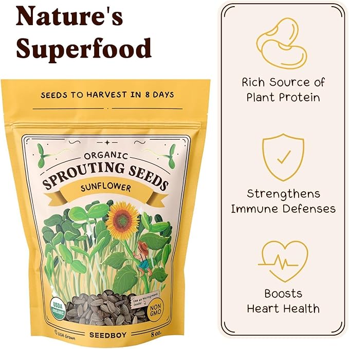 Seedboy Organic Sunflower Seeds for Sprouting - Non-GMO, USA Grown Microgreens Sprouting Seeds Mix - Makes 4 Quarts of Sprouts, 16 Servings (8 oz) (Black Oil Sunflower)