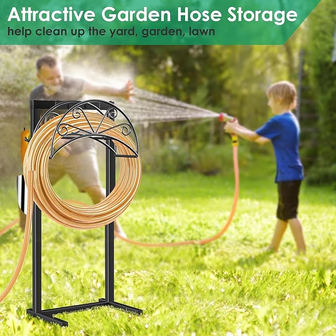 TomCare Garden Hose Holder Heavy Duty Water Hose Holder Holds 160 FT Hoses 4 Spikes Hose Reel Freestanding Hose Hanger Sturdy Hose Storage Stand for Outside Yard Lawn