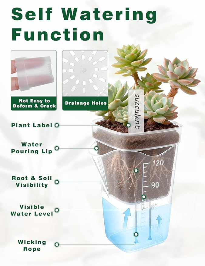 10 Pack 2" Mini Self Watering Pots for Indoor Plants, Clear Plastic Semi-Hydroponic Planter with Labels,Water Level for African Violet,Self Watering Pot for Propagation,Succulent,Seeding,Cutting