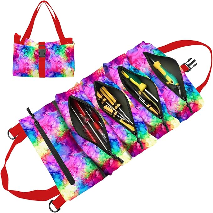 Roll-Up Tool Storage Bag, Nylon Gardening Organizer with 5 Pockets, 11x18 Inch, Portable Hanging Design for Outdoor Maintenance, School, Work (54rse)