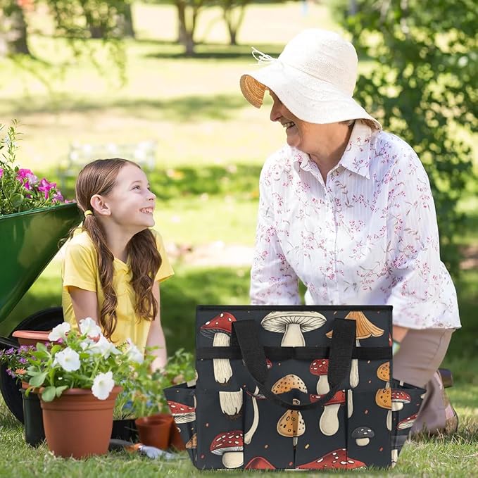 Garden Tool Bag Organizer Garden Tote Bag with Pockets Black Mushroom Tool Storage Organizer Gardening Tool Kit Holder 13" x 6.8" x 2.8"