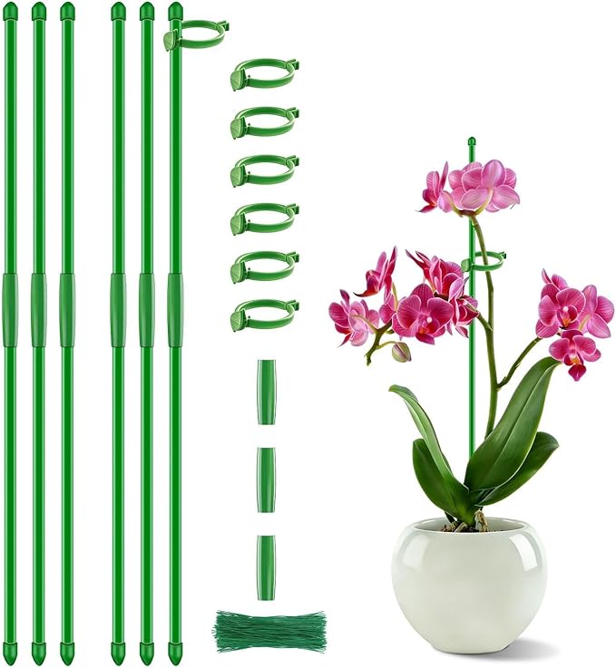 6Pcs Plant Support Stakes 17 inch SupKing Garden Orchid Sticks Extended to 3ft 4ft 5ft Plant Poles with Clips for Indoor Outdoor Potted Tomato Rose Amaryllis Vegetables Comes with 20 Ties（Green）