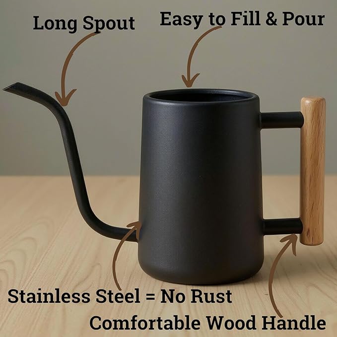 35 Ounce Metal Small Indoor Watering Can with Long Spout & Real Wood Handle for House Plants, Succulents, Cacti & Seedlings - Black Long Spout Watering Can Indoor Plants - Gentle Flow & No Spills