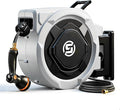 SUNPOW Retractable Garden Hose Reel - 5/8in x 100ft Heavy Duty Wall Mounted Hose Reel with 3/4in Brass Fitting & 10 Function Nozzle - Any Length Lock, Auto Rewind System, 180°Swivel Bracket - Gray