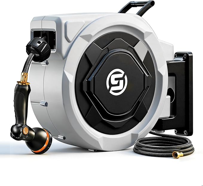 SUNPOW Retractable Garden Hose Reel - 5/8in x 100ft Heavy Duty Wall Mounted Hose Reel with 3/4in Brass Fitting & 10 Function Nozzle - Any Length Lock, Auto Rewind System, 180°Swivel Bracket - Gray