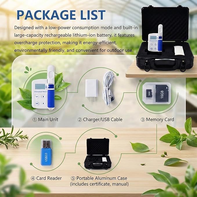 Chlorophyll Meter - Plant Nutrient Analyzer, 3-in-1 Non-Destructive SPAD Tester with Nitrogen & Leaf Temperature Sensor, 16GB Data Storage for Precision Agriculture