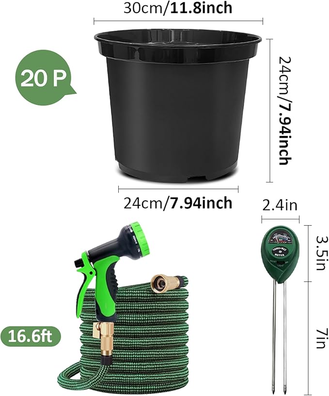 RooTrimmer 5 Gallon Nursery Pots (20-Pack) + 50ft Garden Hose with Spray Nozzle 2P + 3-in-1 Soil Tester 2P for Moisture/Light/pH | All-in-One Gardening Kit for Indoor/Outdoor Plants