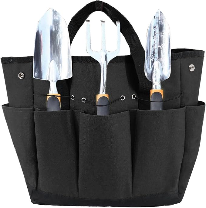 Garden Tool Organizer, Heavy Duty Oxford Cloth with Multiple Pockets Garden Tool Caddy, Storage Bag with Elastic Straps and Rainproof Design for Men and Women (Black)