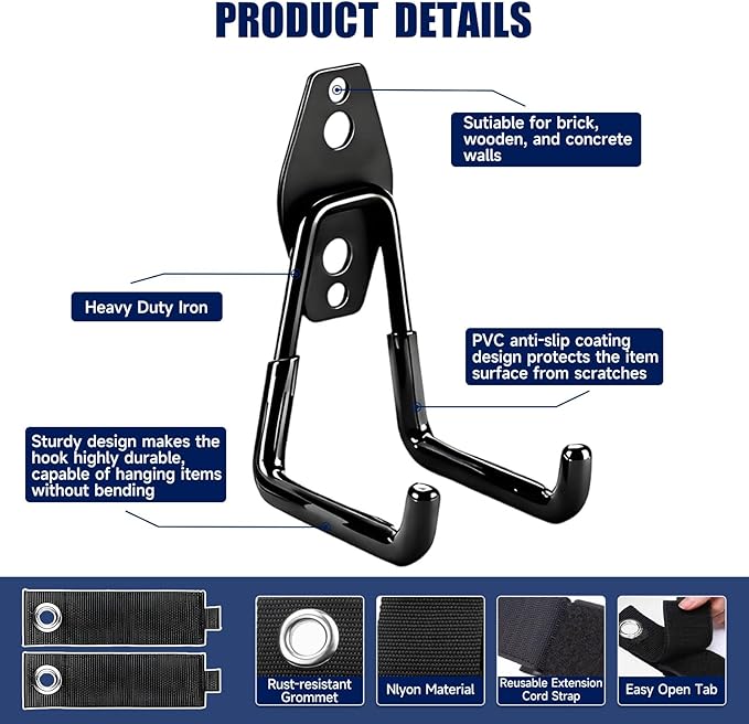 12 Pack Garage Hooks Heavy Duty, Iron Garage Storage Hooks with Anti-Slip Coating, Utility Wall Mount Hangers for Garden and Power Tools, Ladders, Bikes, Hoses and Bulky Items