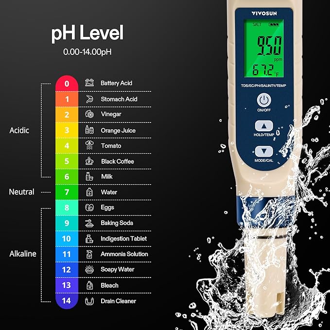 VIVOSUN 5-in-1 Digital PH Meter with PH/Salinity/TDS/EC/Temperature Function, Backlight Screen, IP67 Waterproof for Hydroponics, Home Drinking, Pool and Aquarium