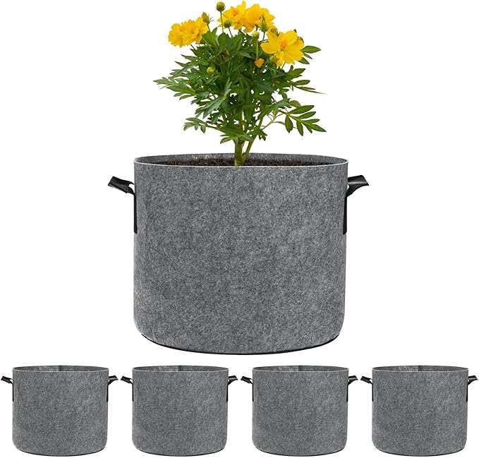 M METERXITY 5-Pack Plant Grow Bags 5 Gallon Grow Bags 300G Thickened Fabric Pots with Durable Handles Plant Garden Grow Pots for Fruits/Vegetables/Flowers/Plants [Grey]