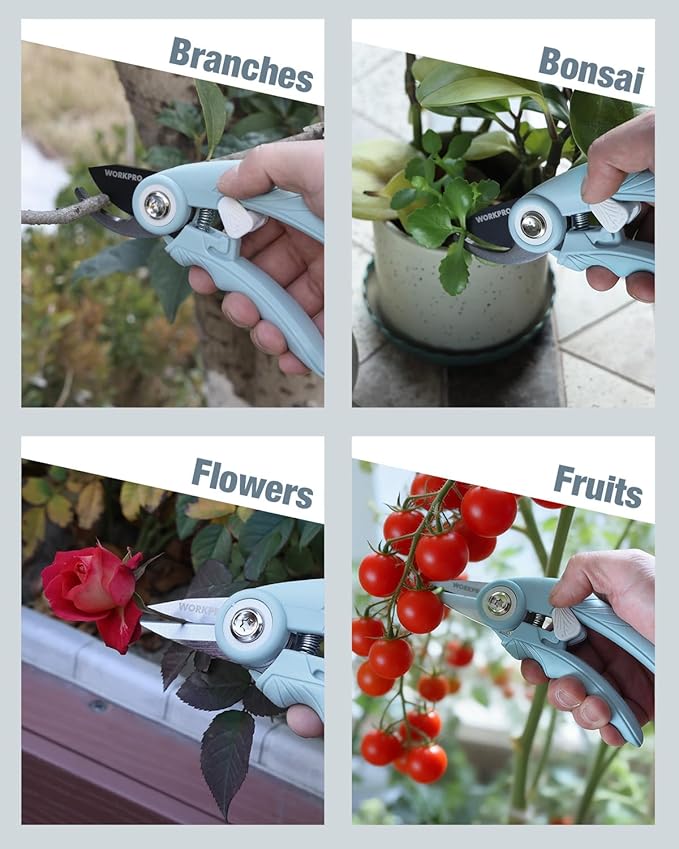 WORKPRO 2 Pack Garden Pruning Shears, 6.9" Bypass & Straight Shears, Premium Gardening Clippers for Flowers, Plants, and Fruit Trimming, Blue