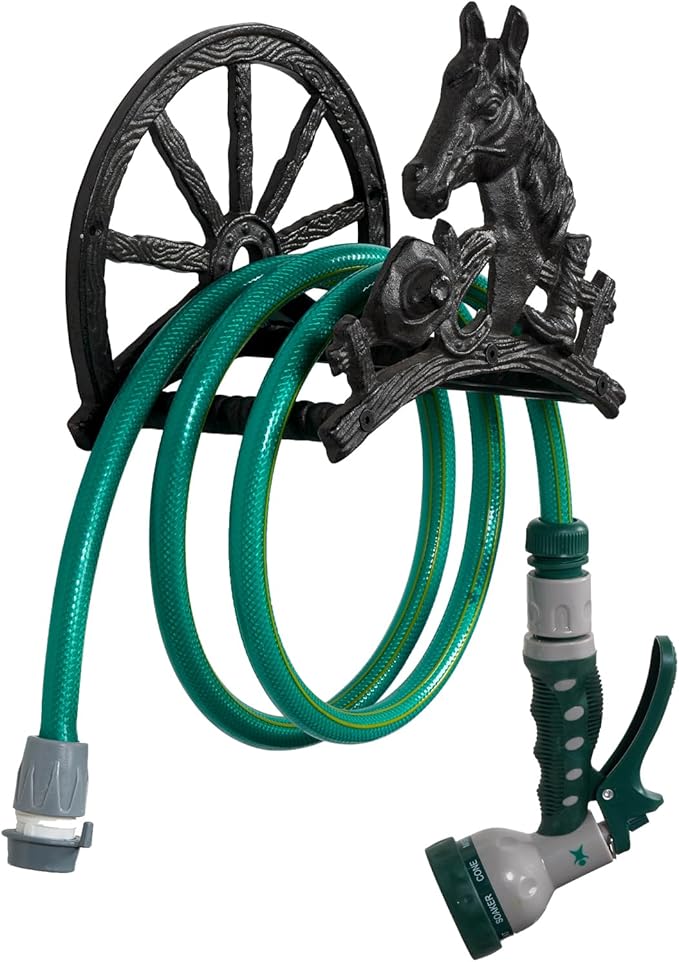 MyGift Horse and Wagon Design Hose Holder, Heavy Duty Cast Iron Outdoor Garden Hose Hanger, Wall Mounted Water Hose Holder Reel with Carriage Theme